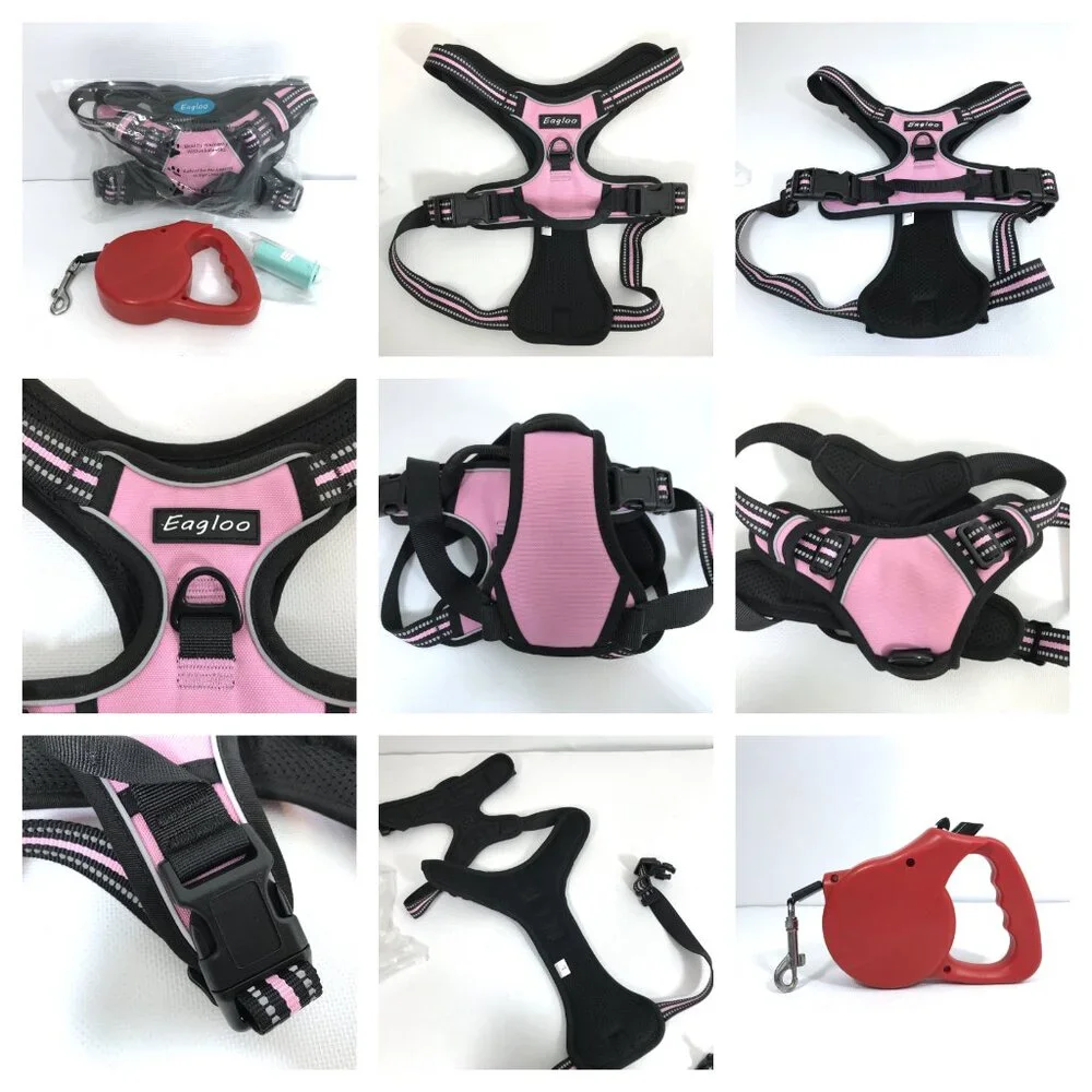 Eagloo Dog Harness Pink Black L No Pull Harness Reflective + Retractable Leash